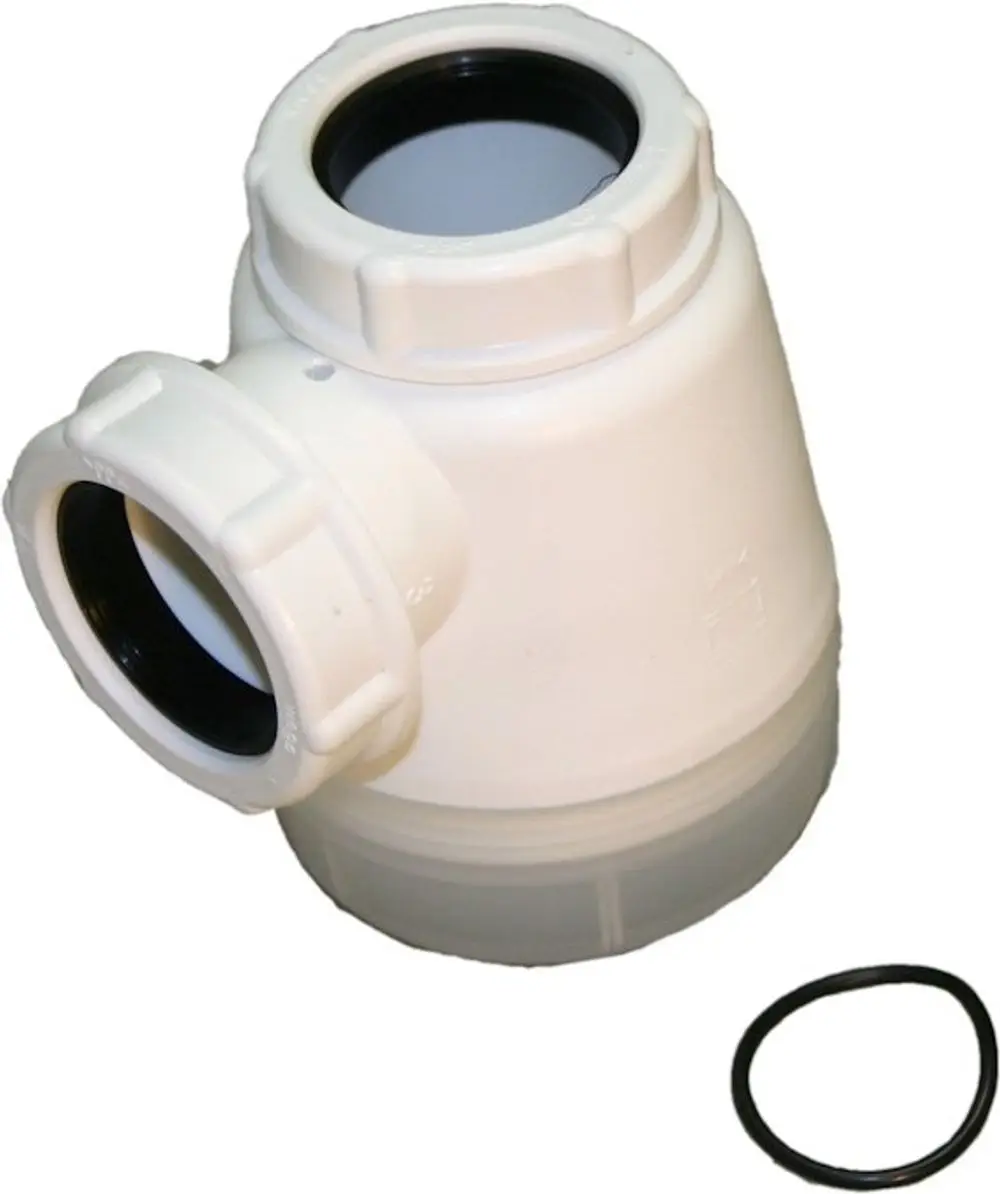 BOSCH Siphon aus weißem Kunststoff mit zwei Anschlüssen und Dichtungsring, zur Verwendung in Abwassersystemen.